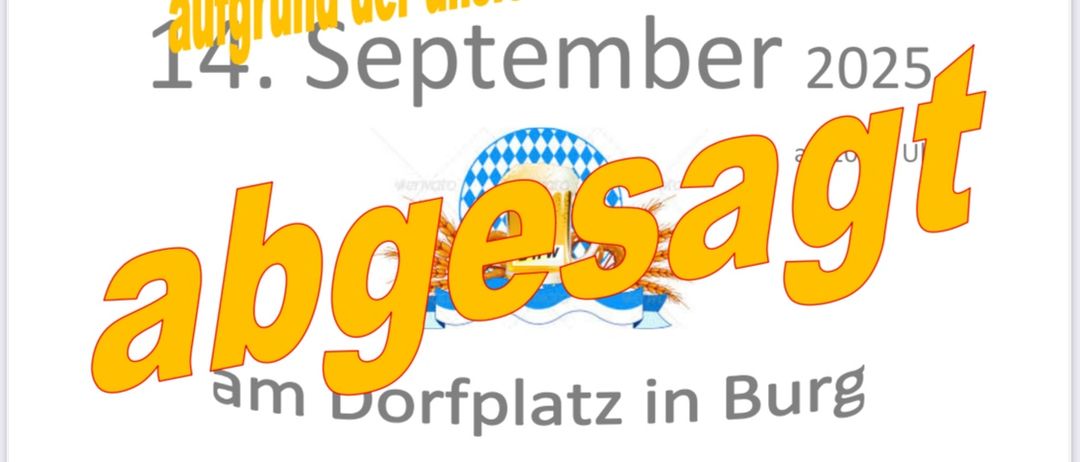 Plakat kündigt Absage einer Veranstaltung am 14. September 2025 aufgrund unsicherer Wetterlage an. Enthält deutschen Text und Symbole für Bier, Wurst und gegrillten Käse.