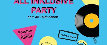 Plakat für eine All-Inclusive-Party am 18. September 2026 mit einer Schallplatte, DJ Klami und einer Fotobox. Die Veranstaltung beginnt um 21:00 Uhr und kostet 30 Euro.