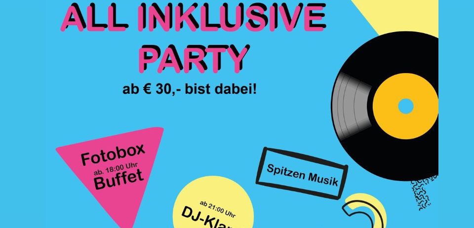Plakat für eine All-Inclusive-Party am 18. September 2026 mit einer Schallplatte, DJ Klami und einer Fotobox. Die Veranstaltung beginnt um 21:00 Uhr und kostet 30 Euro.