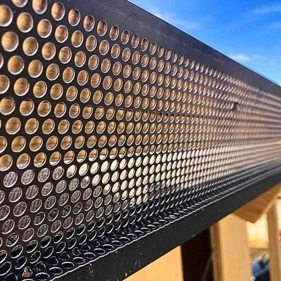 Nahaufnahme einer schwarzen Metallplatte mit einem Wabenmuster. Das Muster besteht aus zahlreichen kleinen, gleichmäßig verteilten Kreisen. Die Platte ist an einer Holzoberfläche befestigt.