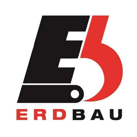Das Bild zeigt ein Logo für 'ERDBAU' mit einem stilisierten Buchstaben 'E' und der Nummer '5' in einer fettgedruckten, modernen Schriftart, mit einem roten Kreisakzent. Das Farbschema ist schwarz und rot.