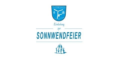Ein Logo für eine Gruppe namens 'Sonnwendfeier'. Es zeigt einen blauen Schild mit einem Flammendesign sowie einer Illustration von Menschen um ein Feuer. Der Text 'Einladung' befindet sich oberhalb des Gruppennamens.