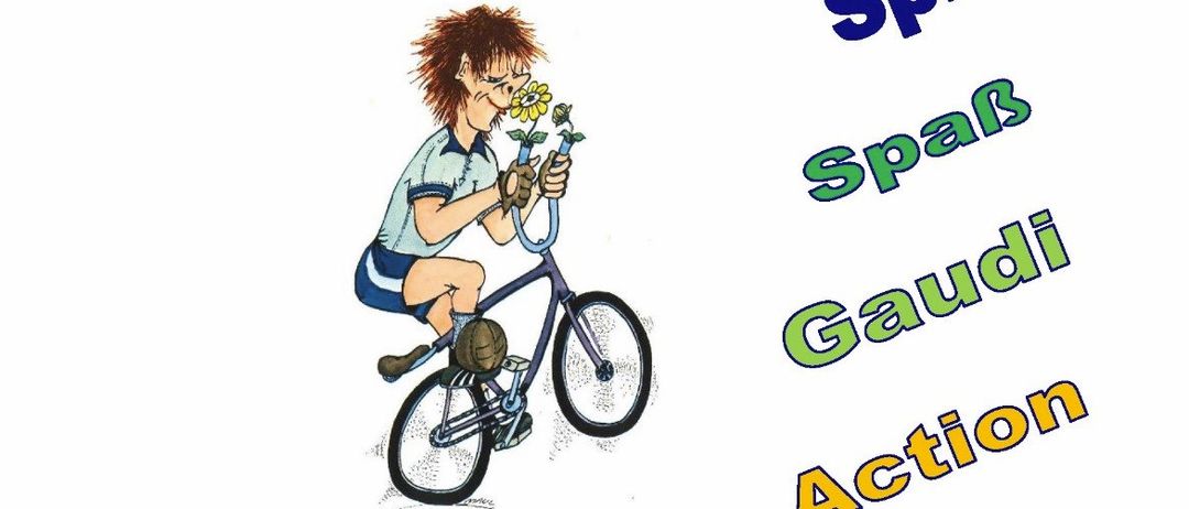 Ein Plakat für das 37. Nachtradballer-Grumpelturnier mit einer Karikatur eines Jungen auf einem Fahrrad, der eine Blume hält. Die Worte Spiel, Spaß, Gaudi, Action sind in großen Buchstaben dargestellt. Die Veranstaltung steht allen offen, die Spaß erleben möchten. Datum: 28. bis 29. Dezember 2025.