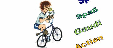 Ein Plakat für das 37. Nachtradballer-Grumpelturnier mit einer Karikatur eines Jungen auf einem Fahrrad, der eine Blume hält. Die Worte Spiel, Spaß, Gaudi, Action sind in großen Buchstaben dargestellt. Die Veranstaltung steht allen offen, die Spaß erleben möchten. Datum: 28. bis 29. Dezember 2025.