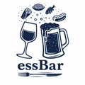 Illustration eines Weinglases, eines Bierkrugs und verschiedener Lebensmittel, die um den Text 'essBar' herumschweben.