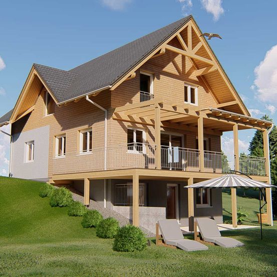 Bild enthält, Grass, Housing, Cottage, House, Lawn, Bench, Chair, Portico, Bird, Villa