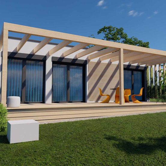 Bild enthält, House, Housing, Porch, Patio, Pergola, Grass, Plant, Interior Design, Villa, Lawn