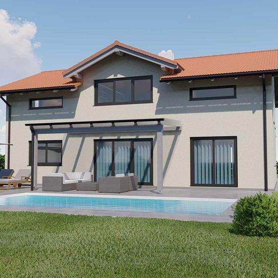 Bild enthält, Building, House, Housing, Villa, Grass, Plant, Tree, Lawn, Conifer, Swimming Pool