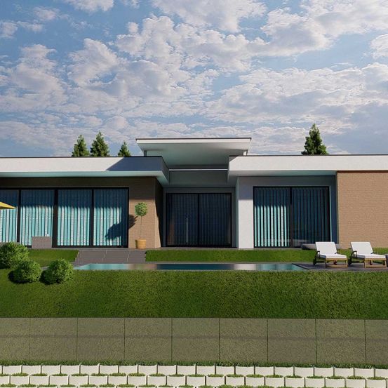 Bild enthält, Building, Housing, Villa, Grass, Plant, Tree, Lawn, Chair, Pool, Water