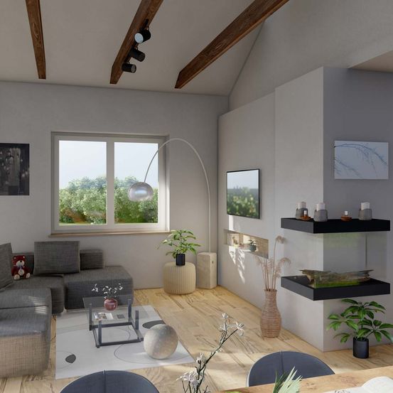 Bild enthält, Indoors, Interior Design, Furniture, Living Room, Room, Home Decor, Painting, Table, Couch, Loft