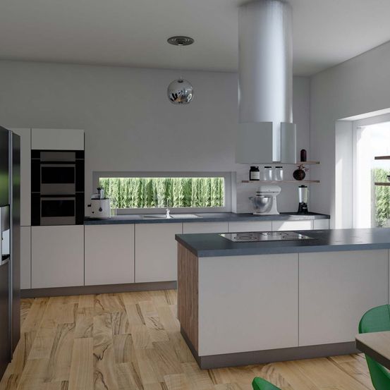 Bild enthält, Indoors, Interior Design, Kitchen, Appliance, Device, Electrical Device, Refrigerator, Home Decor, Floor, Kitchen Island