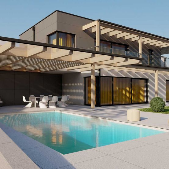 Bild enthält, Building, House, Housing, Villa, Pool, Water, Swimming Pool, Chair, Outdoors, Hot Tub