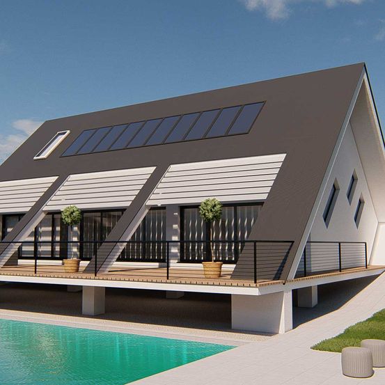 Bild enthält, Architecture, Building, House, Housing, Villa, Pool, Interior Design, Swimming Pool, Plant, Grass