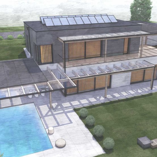 Bild enthält, Pool, Water, Architecture, Building, Housing, Villa, Swimming Pool, Outdoors, Diagram, CAD Diagram