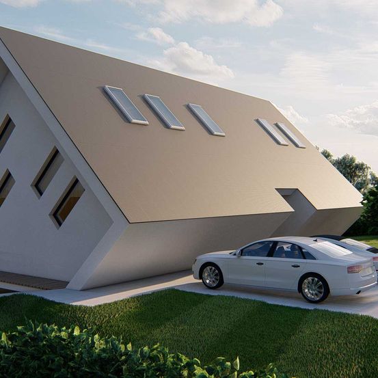 Bild enthält, Grass, Building, Housing, Villa, Car, Lawn, Chair, Alloy Wheel, Wheel, Garage