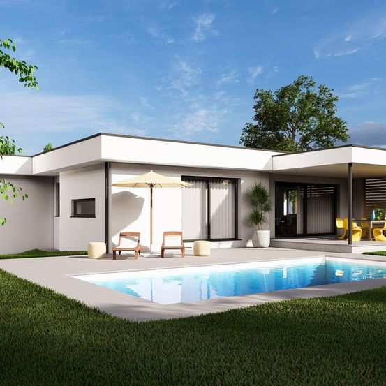 Bild enthält, House, Housing, Villa, Grass, Chair, Backyard, Outdoors, Pool, Water, Swimming Pool