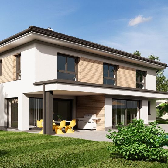 Bild enthält, Building, House, Housing, Villa, Grass, Plant, Chair, Lawn, Portico, Swimming Pool