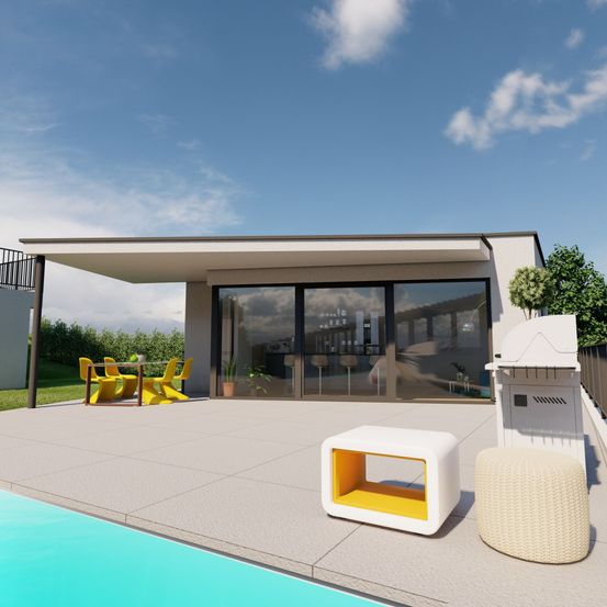 Bild enthält, Building, House, Housing, Villa, Pool, Swimming Pool, Backyard, Outdoors, Chair, Patio