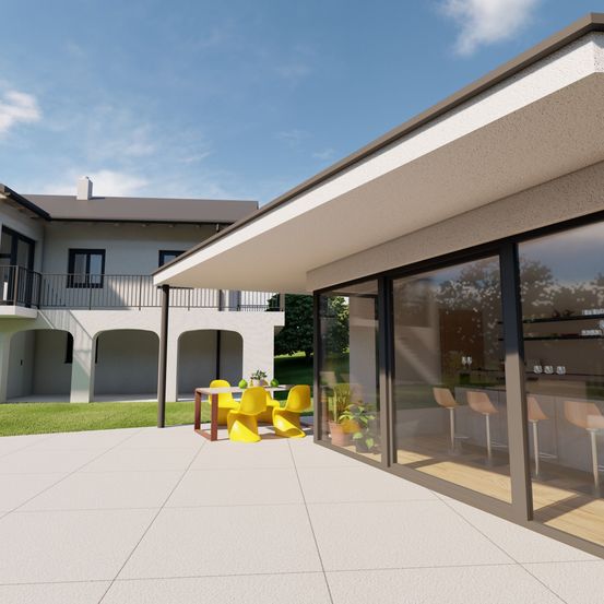 Bild enthält, Architecture, Building, Housing, Villa, Grass, Plant, Door, Chair, Outdoors, Neighborhood