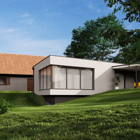 Bild enthält, Grass, Lawn, Shelter, House, Housing, Villa, Tree, Vegetation, Backyard, Chair