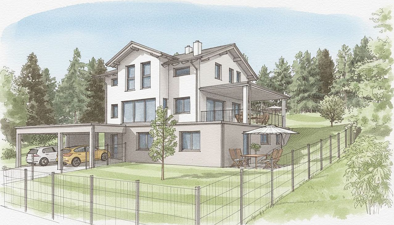 An artist's rendering of a two-story house with a garage, porch, balcony, and patio, surrounded by a fence and trees.