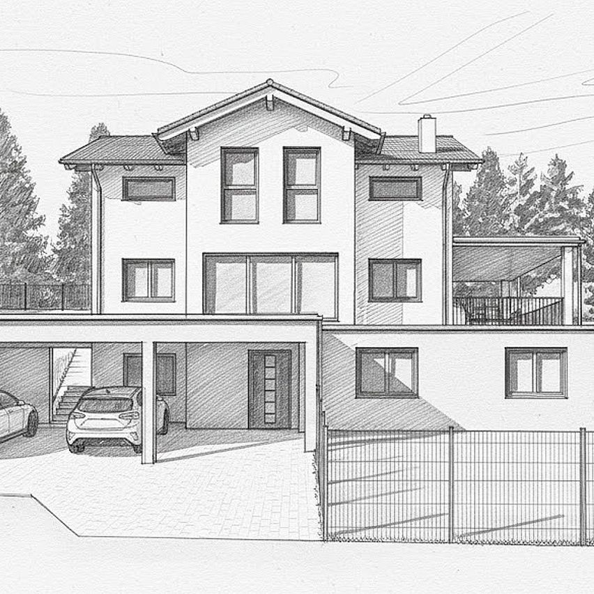 The image depicts a two-story house with a garage, a balcony, and a garden. Two cars are parked in the garage.
