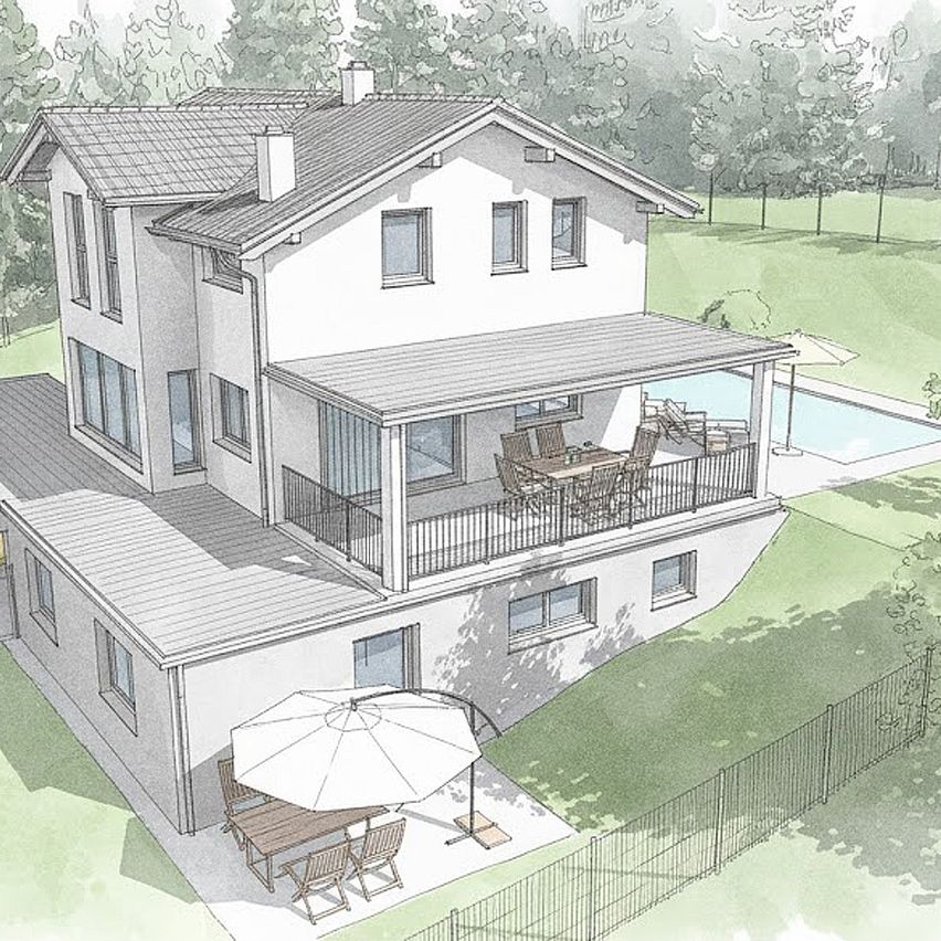 An artist's rendering of a two-story house with a balcony, a table, chairs, and an umbrella, surrounded by a grassy yard and a swimming pool.