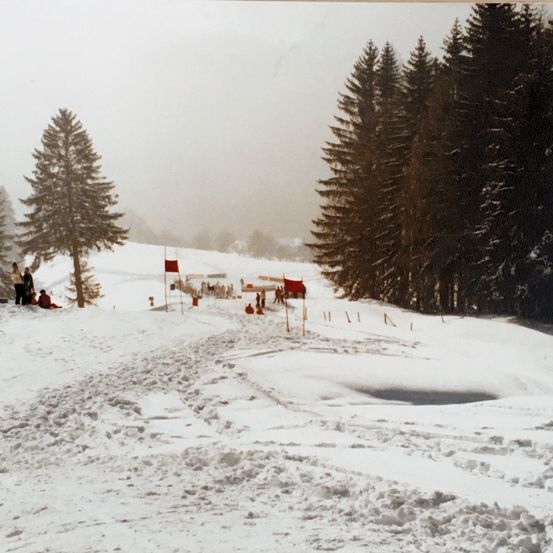 Eine verschneite Skipiste mit mehreren Leuten, die herumstehen, und Fahnen. Kiefern säumen den Weg. Der Himmel ist in Nebel gehüllt.