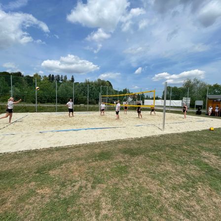 Eine Gruppe von Menschen spielt Volleyball auf einem sandigen Spielfeld mit einem Netz. Einige spielen aktiv, während andere zuschauen.