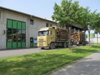 Ein gelber Lkw mit Holzbalken ist vor einem Gebäude mit grünen Türen und einem Baum davor geparkt.
