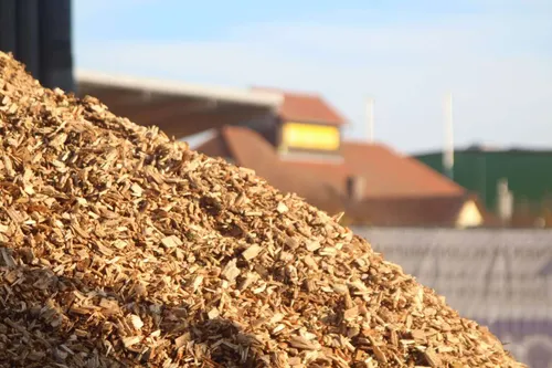 Ein Haufen Holzspäne liegt im Freien in der Nähe eines Gebäudes. Die Holzspäne sind braun und trocken. Der Himmel ist klar.