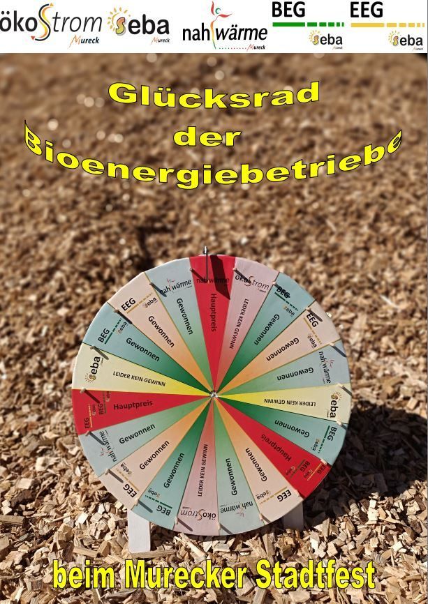 Ein farbenfrohes Rad mit verschiedenen in deutscher Sprache beschrifteten Ergebnissen, auf einem Bett aus Holzspänen platziert. Das Rad trägt den Titel 'Glücksrad der Bioenergiebetriebe'.