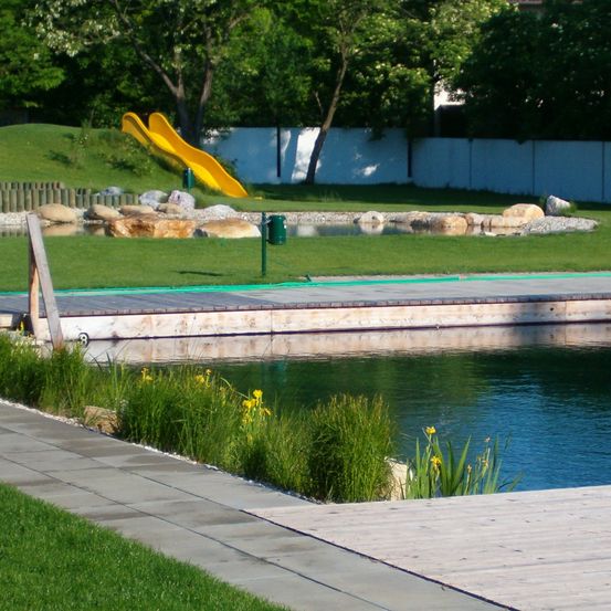 Ein Rasenbereich mit einer gelben Rutsche in der Nähe eines Pools, umgeben von Steinen, Pflanzen und einer weißen Hecke.