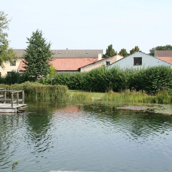 Ein ruhiger See umgeben von üppigem Grün und mehreren Häusern mit roten Dächern und einem weißen Haus mit Schornstein.