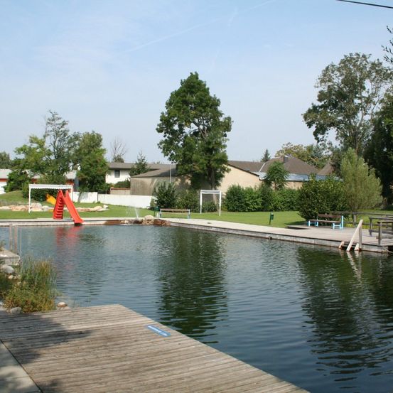 Ein weitläufiger Bereich mit einem Pool, einer roten Rutsche, einer kleinen weißen Struktur und einem Rasenfeld mit Bäumen und Häusern im Hintergrund.