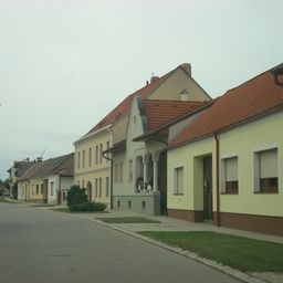Eine Straße gesäumt von traditionellen Häusern mit roten Dächern und gelben Wänden. Vor den Häusern steht ein großer grüner Busch.