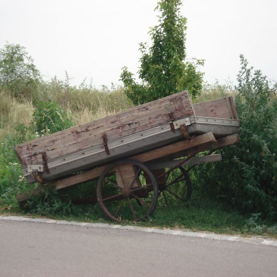 Ein alter hölzerner Wagen ist auf der Grasfläche am Straßenrand umgekippt, in der Nähe eines Baumes.