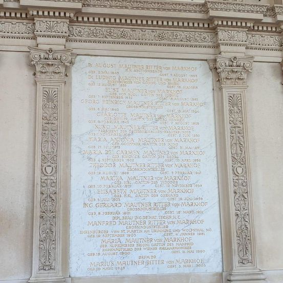 Das Bild zeigt eine Marmorgedächtnistafel mit Namen und Daten. Sie ist von kunstvollen dekorativen Elementen umgeben. Der Text listet Namen und Geburts-/Sterbedaten von Personen auf, möglicherweise Familienmitglieder. Der Stil und das Design deuten auf ein Denkmal hin, das der Familie Mautner Ritter von Markhof gewidmet ist.