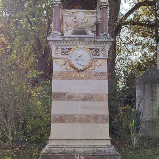 Ein Denkmal mit einem goldenen Löwenkopf und einer Büste, benannt nach Dr. Carl Ritter. Es ist von Bäumen und Pflanzen umgeben.