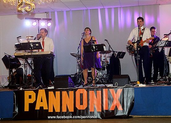Eine Band tritt auf einer Bühne auf, auf der ein Banner mit der Aufschrift Pannonix steht, eine Gruppe von Menschen steht auf der Bühne mit Musikinstrumenten und Mikrofonen vor ihnen.