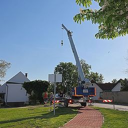 Ein Kran steht in einem grasbewachsenen Bereich mit einem Weg, umgeben von einem weißen Gebäude, Bäumen und einer Bank. Arbeiter bedienen den Kran.