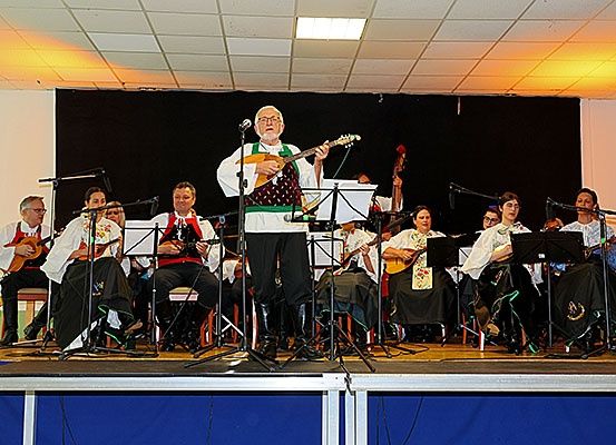 Eine Gruppe von Musikern auf der Bühne, ein älterer Mann spielt eine Laute, andere mit Gitarren, Violinen und Celli, unter Bühnenbeleuchtung, mit schwarzem Hintergrund.