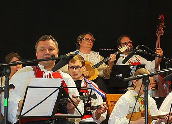 Eine Gruppe von Musikern, die auf der Bühne mit verschiedenen Instrumenten, darunter Gitarren, einem Cello und einer Mandoline, unter einem dunklen Hintergrund spielen.