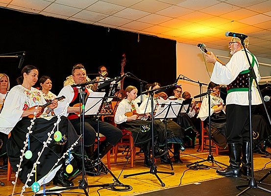 Eine Gruppe von Musikern tritt auf der Bühne auf, ein Mann spielt Gitarre und singt, während andere verschiedene Instrumente spielen.