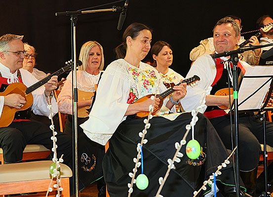 Eine Gruppe von Musikern in traditioneller Kleidung, die Saiteninstrumente auf der Bühne spielen, mit Mikrofonen und Noten im Vordergrund.