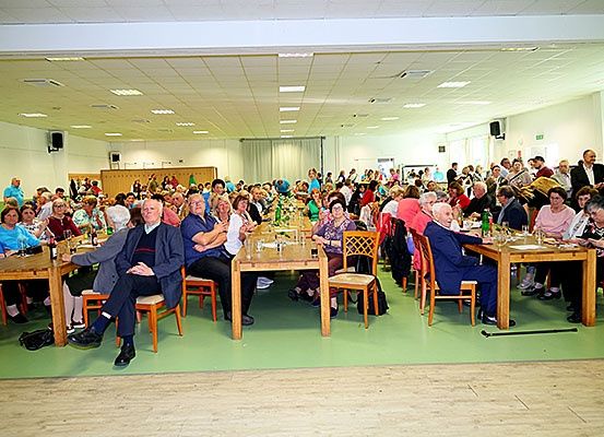 Eine große Versammlung von Menschen sitzt um Tische in einem Saal. Einige trinken, während andere sprechen. Die Tische haben Weingläser und Teller. Der Saal hat eine weiße Decke mit Lichtern.