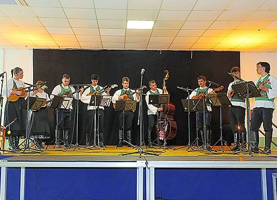 Eine Gruppe von Musikern tritt auf einer Bühne mit Hintergrund auf. Sie spielen verschiedene Instrumente wie Gitarren, einen Cello und einen Kontrabass. Mikrofone sind vor ihnen aufgestellt.
