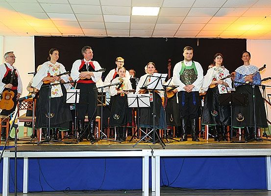 Eine Gruppe von Musikern auf der Bühne, die Saiteninstrumente spielen. Sie sind in traditionellen Kostümen gekleidet.