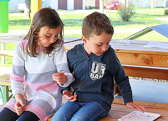 Zwei Kinder sitzen zusammen auf einer Bank, ein Junge und ein Mädchen, konzentriert auf etwas in ihren Händen. Hinter ihnen ist ein Picknicktisch mit Papieren und einem Mülleimer zu sehen. Im Hintergrund ein Grasbereich mit einem geparkten roten Auto.