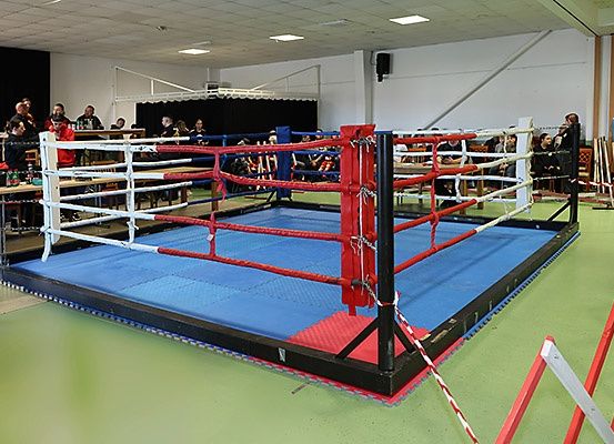 Ein Boxring mit blauem und rotem Boden, umgeben von roten und weißen Seilen. Zuschauer sitzen auf Bänken auf beiden Seiten des Rings.